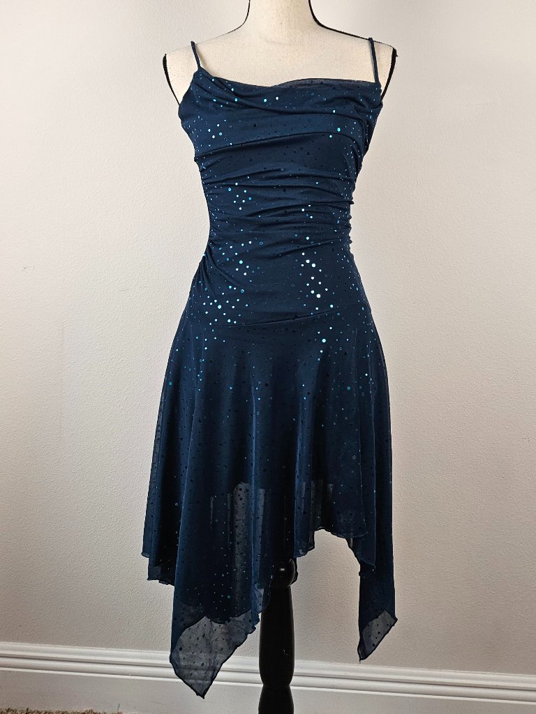 Vtg Y2k Assymetrical Glitter Sequin Fit Flare Dress Fairy Grunge Size Small